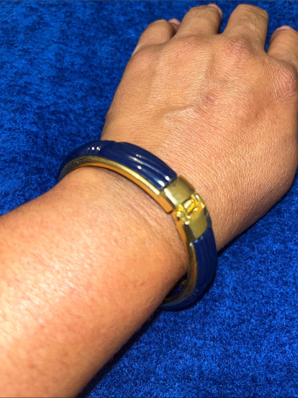 Blue and Gold Hinged Bangle Bracelet